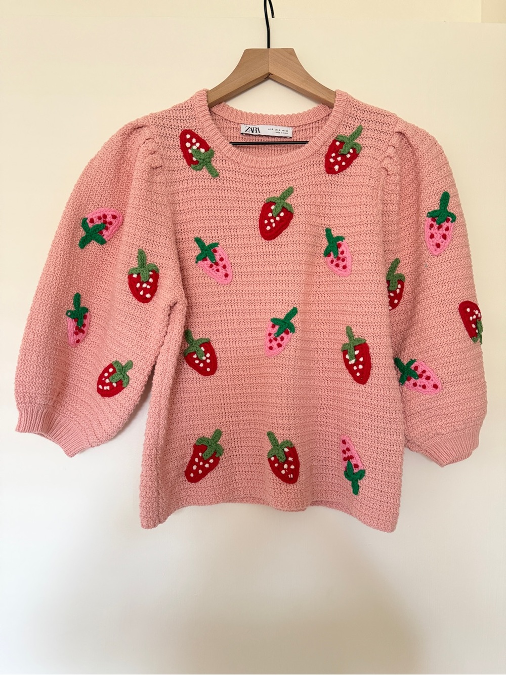 Zara Pink Strawberry Appliqué Knit Sweater